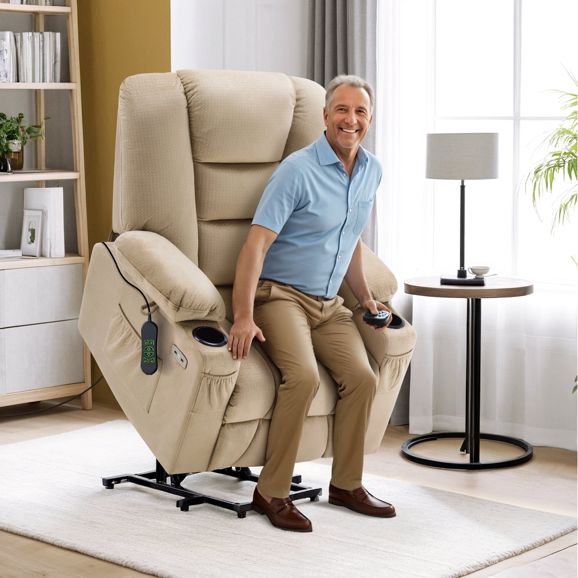 MCombo Power Lift Recliner Chair Sofa with Massage and Heat for Elderly People, Extended Footrest, Hand Remote Control, Cup Holders, USB Ports, Fabric 7529 (Medium, Beige)