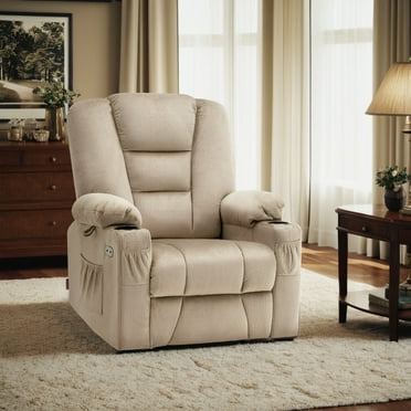 MCombo Power Lift Recliner Chair Sofa with Massage and Heat for Elderly People, Extended Footrest, Hand Remote Control, Cup Holders, USB Ports, Fabric 7529 (Medium, Beige)