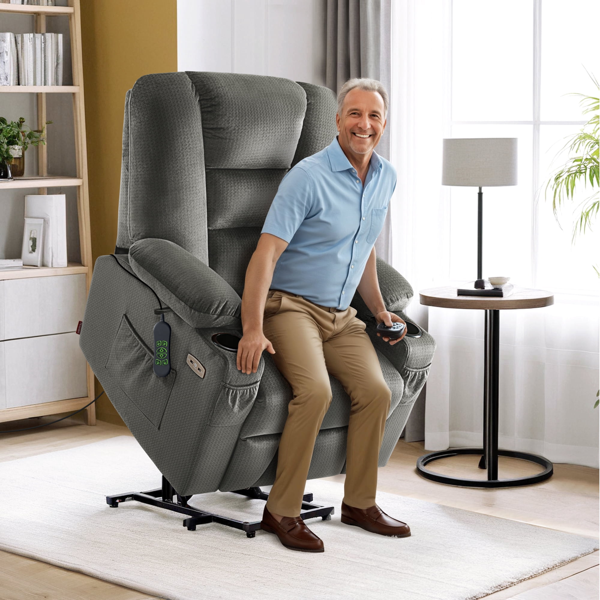 MCombo Power Lift Recliner Chair Sofa with Massage and Heat for Elderly People, Extended Footrest, Hand Remote Control, Cup Holders, USB Ports, Fabric 7529 (Medium, Grey)