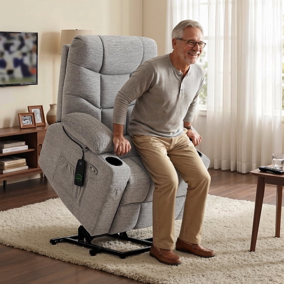 MCombo Power Lift Recliner Chair with Extended Footrest for Elderly People, Fabric 7287 (Light Grey, Medium-Regular)
