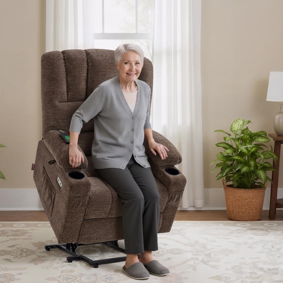 MCombo Power Lift Recliner Chair with Massage Heat, Extended Footrest, Fabric(Medium-Regular, Coffee)