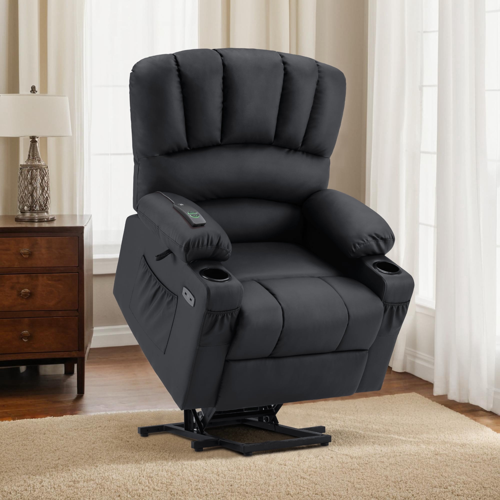 MCombo Power Lift Recliner Chair with Massage Heat, Extended Footrest, Faux Leather(Medium-Regular, Black)
