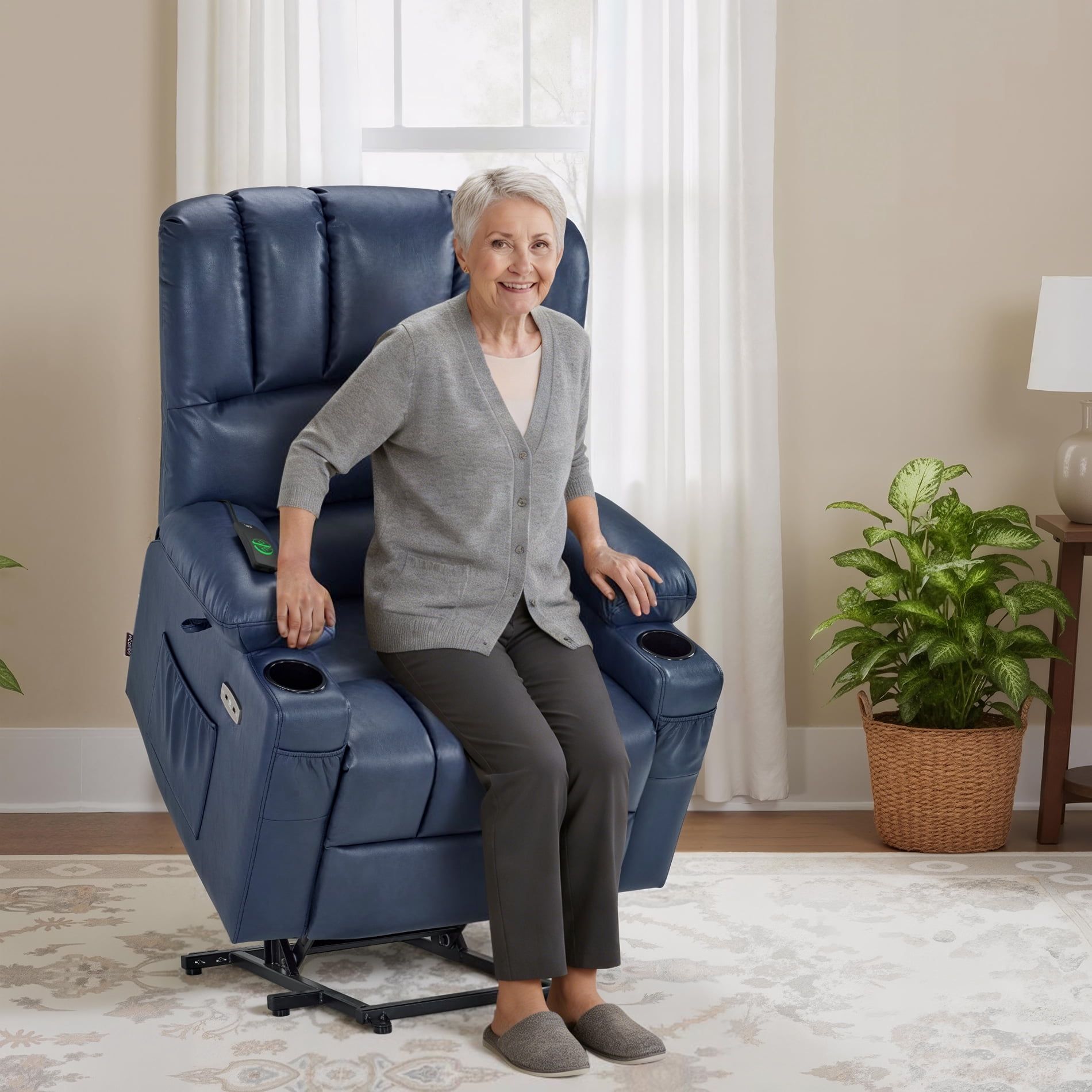 MCombo Power Lift Recliner Chair with Massage Heat, Extended Footrest, Faux Leather(Medium-Regular, Blue)