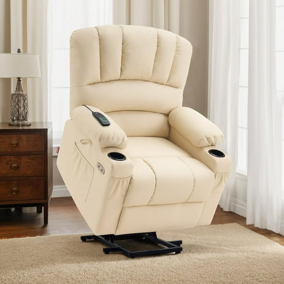 MCombo Power Lift Recliner Chair with Massage Heat, Extended Footrest, Faux Leather(Medium-Regular, Cream White)
