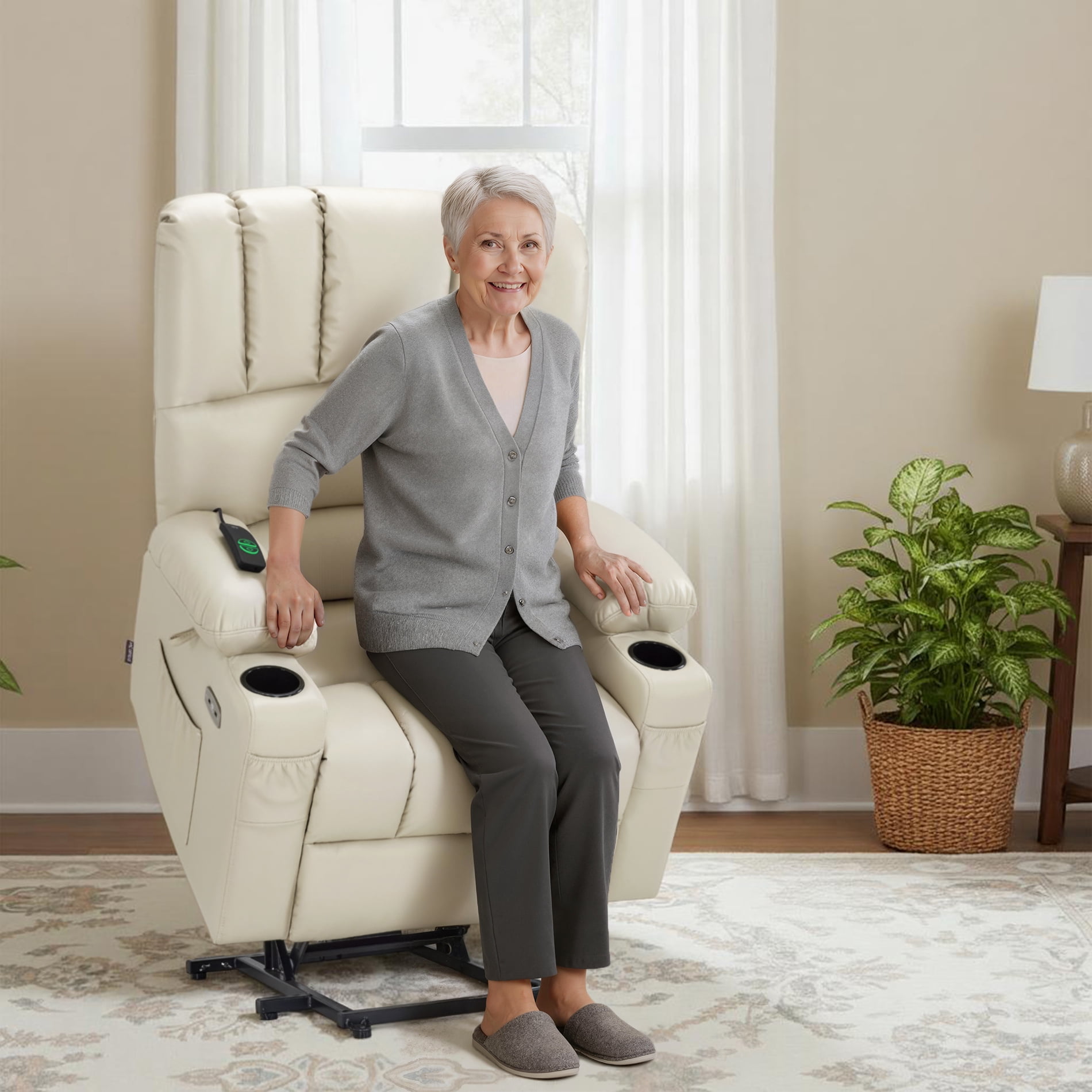 MCombo Power Lift Recliner Chair with Massage Heat, Extended Footrest, Faux Leather(Medium-Regular, Cream White)