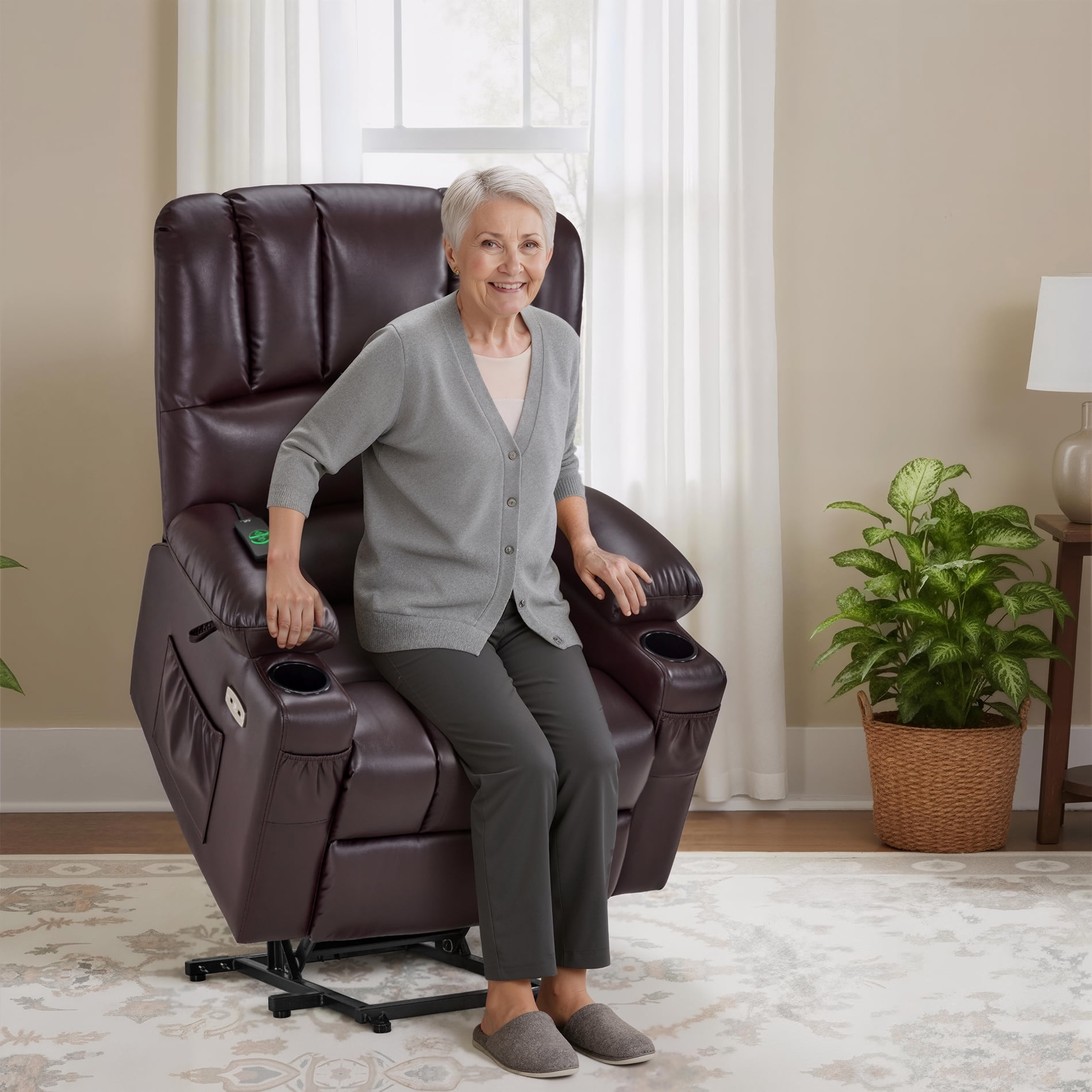 MCombo Power Lift Recliner Chair with Massage Heat, Extended Footrest, Faux Leather(Medium-Regular, Dark Brown)