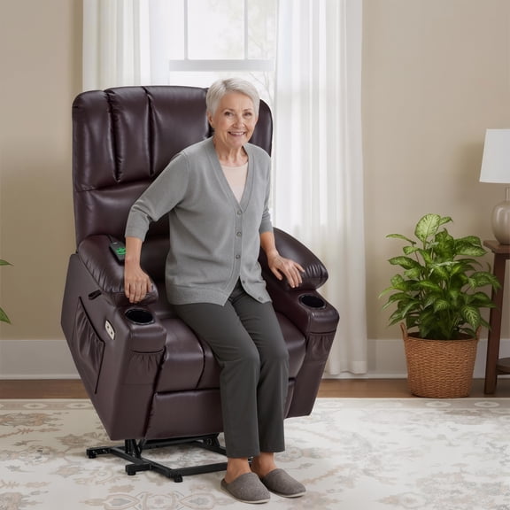 MCombo Power Lift Recliner Chair with Massage Heat, Extended Footrest, Faux Leather(Medium-Regular, Dark Brown)