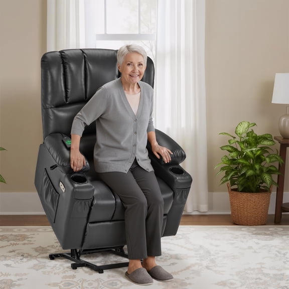 MCombo Power Lift Recliner Chair with Massage Heat, Extended Footrest, Faux Leather(Medium-Regular, Grey)