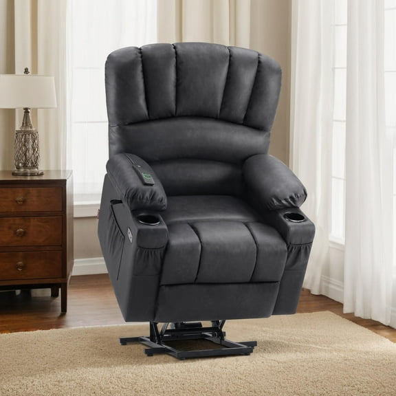 MCombo Power Lift Recliner Chair with Massage Heat, Extended Footrest, Faux Leather(Medium-Regular, Grey)