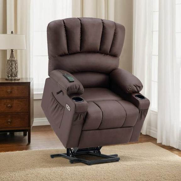 MCombo Power Lift Recliner Chair with Massage Heat, Extended Footrest, Faux Leather(Medium-Regular, Light Brown)