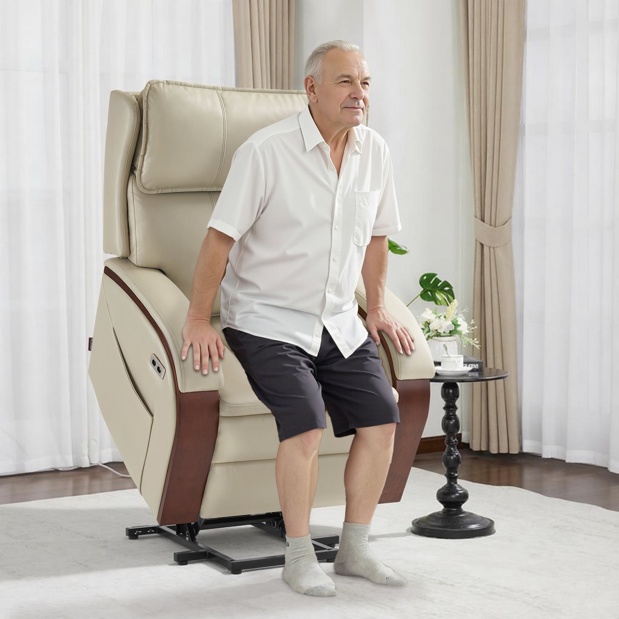 MCombo Power Lift Recliner Chair with Massage and Heat, Adjustable Headrest for Elderly, Solid Wood Armrest, Faux Leather, Cream White