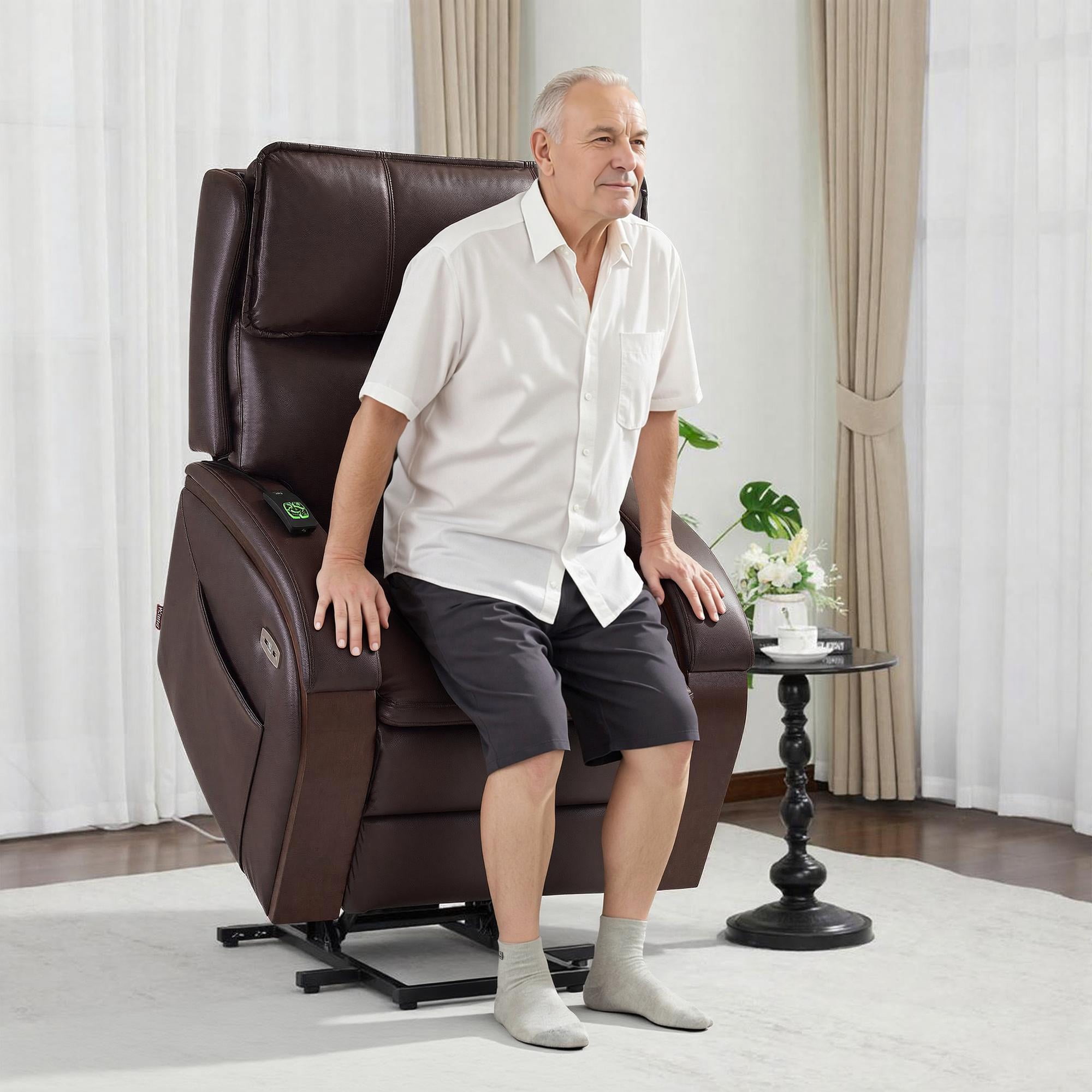 MCombo Power Lift Recliner Chair with Massage and Heat, Adjustable Headrest for Elderly, Solid Wood Armrest, Faux Leather, Dark Brown