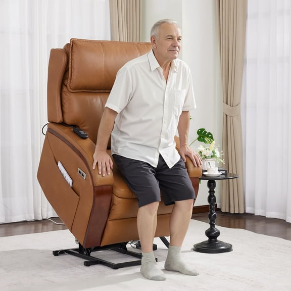 MCombo Power Lift Recliner Chair with Massage and Heat, Adjustable Headrest for Elderly, Solid Wood Armrest, Faux Leather, Tawny