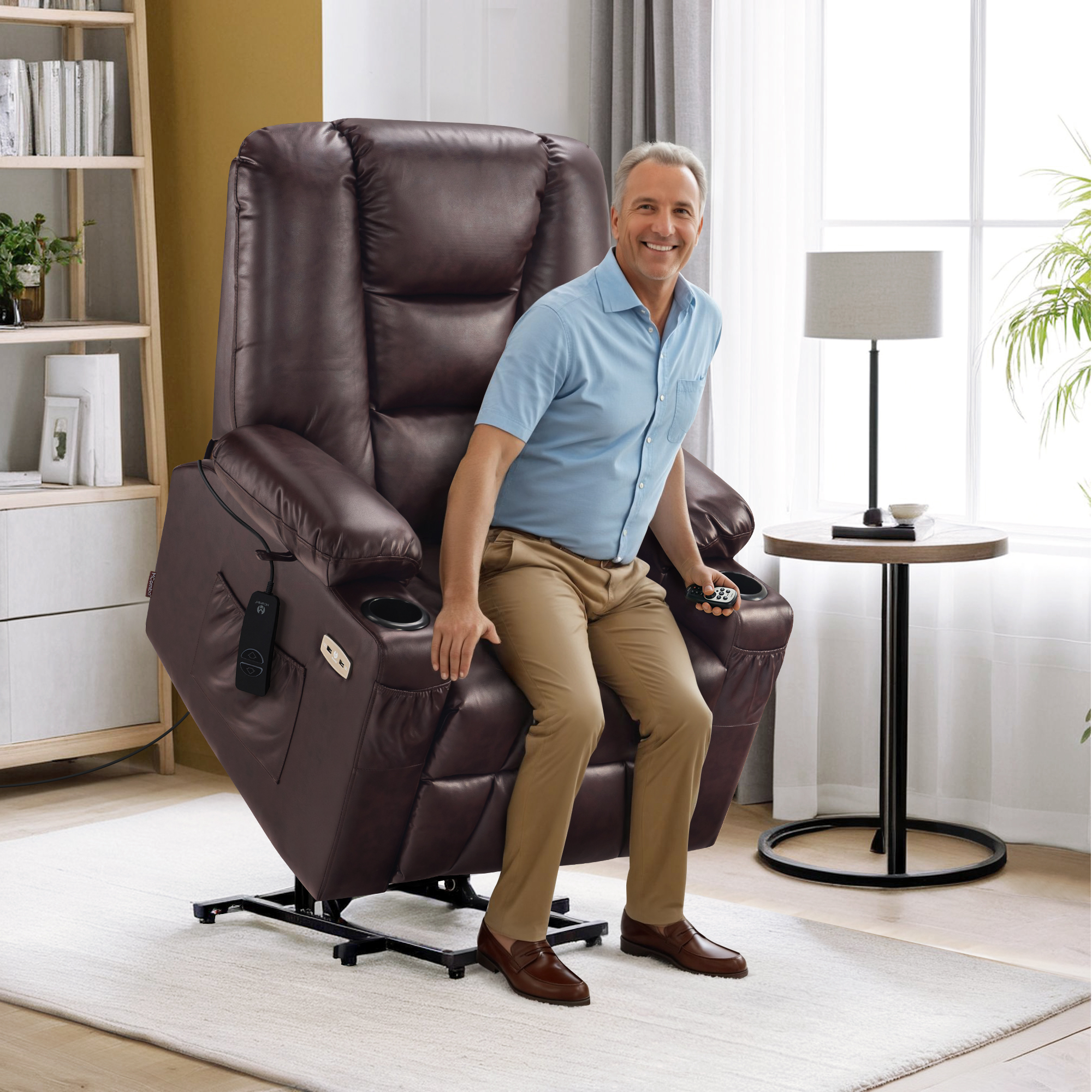 MCombo Power Lift Recliner Chair with Massage and Heat for Elderly People, Faux Leather 7519 (Medium, Dark Brown)