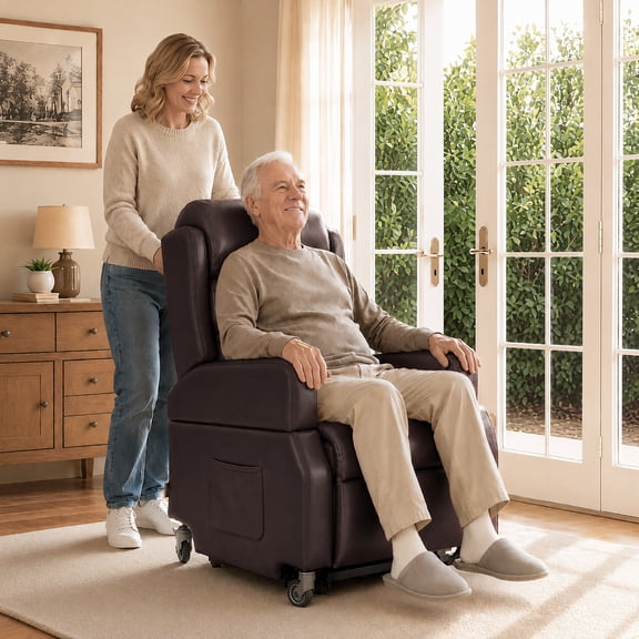 MCombo Power Lift Recliner Chair with Wheels for Elderly, Faux Leather, Dark Brown