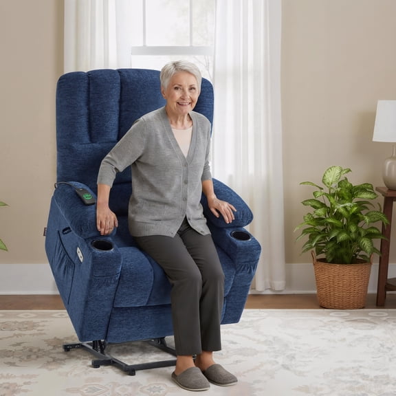 MCombo Power Lift Recliner with Massage Heat, Extended Footrest, Fabric(Medium-Regular, Navy Blue)