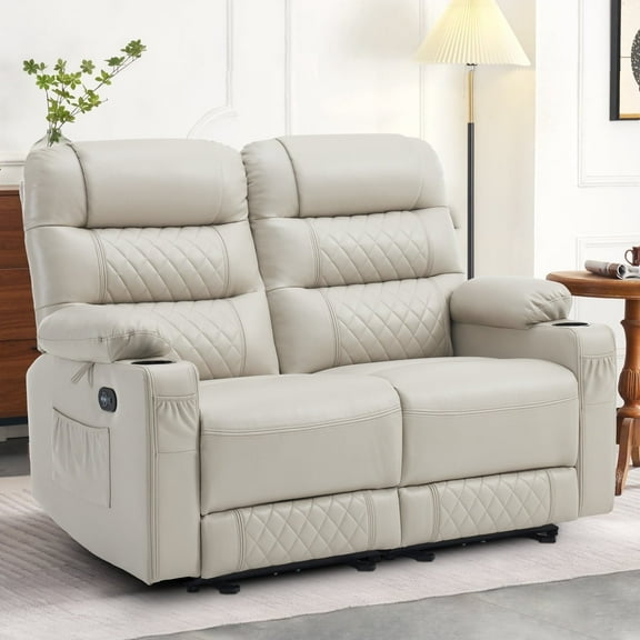 MCombo Power Loveseat Recliner, Electric Reclining Loveseat Sofa with Heat and Vibration, Cup Holders, USB Charge Port, Faux Leather Reclining Sofa for Living Room PR622