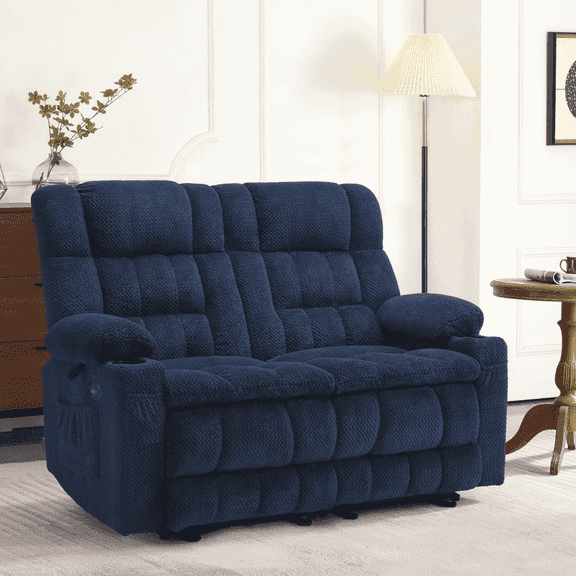 MCombo 57" Power Loveseat Recliner Sofa, Reclining Seating with Heat Vibration for Living Room, Fabric, Navy blue