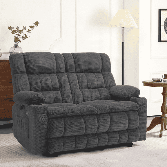 MCombo 57" Power Loveseat Recliner Sofa, Reclining Seating with Heat Vibration for Living Room, Fabric, Dark Grey