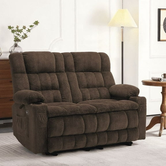 MCombo 57" Power Loveseat Recliner Sofa, Reclining Seating with Heat Vibration for Living Room, Fabric, Brown