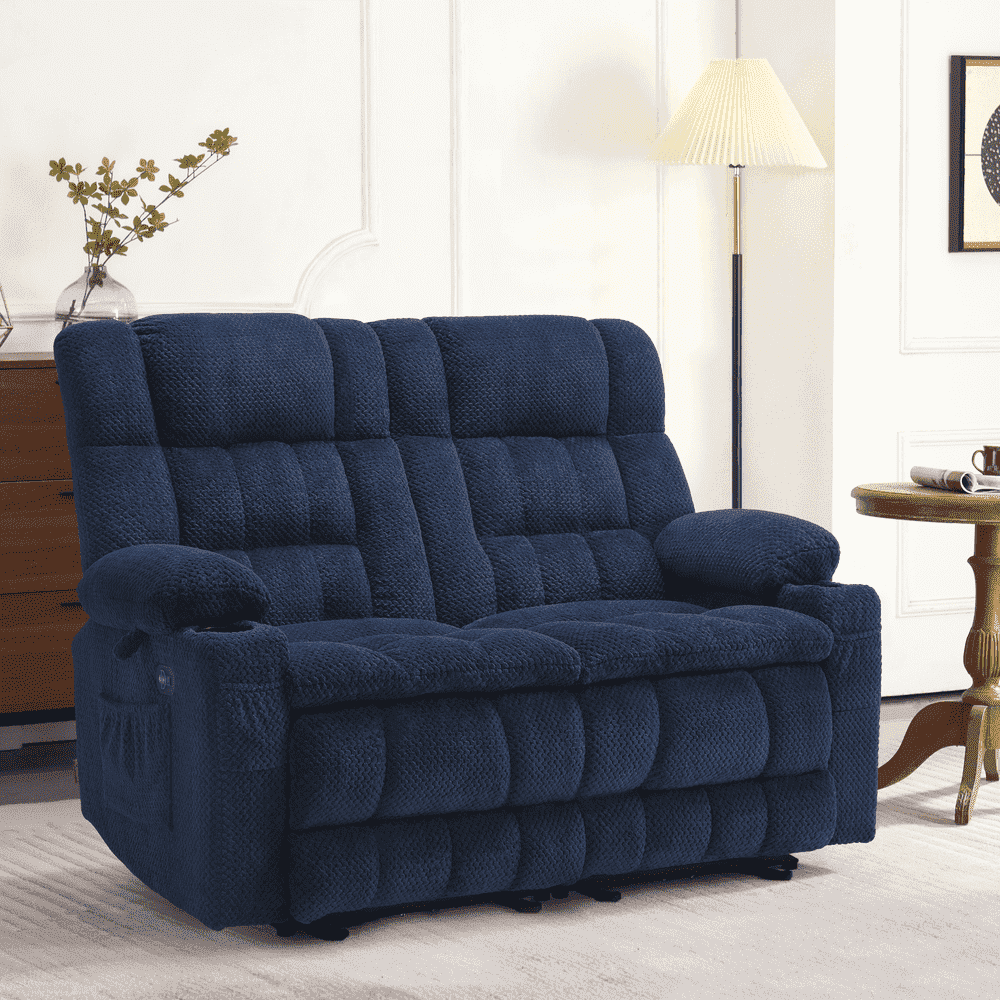 MCombo 57" Power Loveseat Recliner Sofa, Reclining Seating with Heat Vibration for Living Room, Fabric, Navy blue