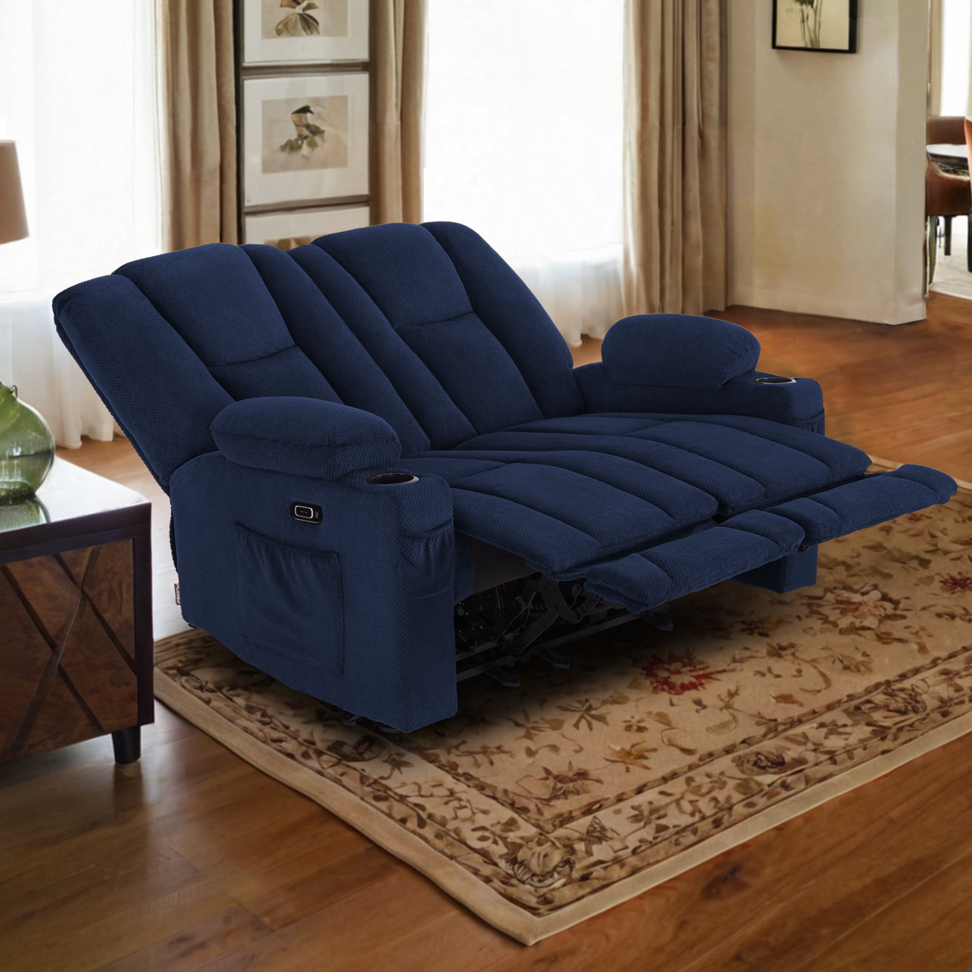 Navy Blue Fabric Reclining Loveseat with Cup Holders