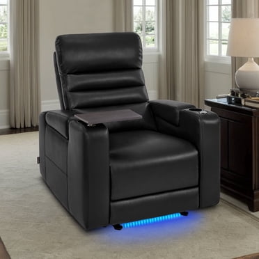 MCombo Power Recliner Chair, Home Theater Seating with Swivel Tray Table, LED Ambient Light, Hidden Arm Storage, Adjustable Power Headrest, Faux Leather Lounge Chair, Dark Brown