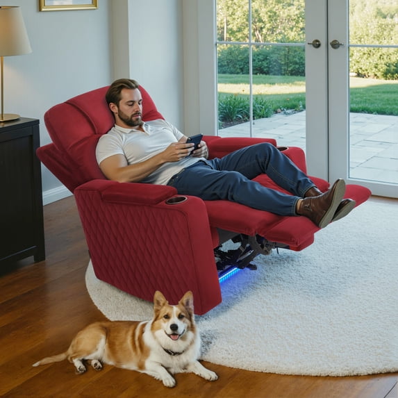 MCombo Power Recliner Chair with Power Headrest, LED Light, Armrest Storage for Living Room & Home Theater, Velvet, Red
