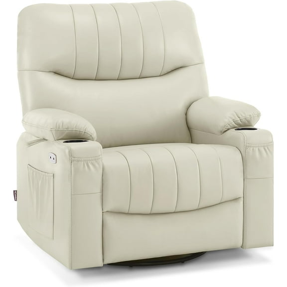 MCombo Power Recliner, Electric Swivel Glider Rocker Recliner Chair for Nursery with Vibration and Heat, USB Ports, Cup Holders and Pockets, Faux Leather 7785