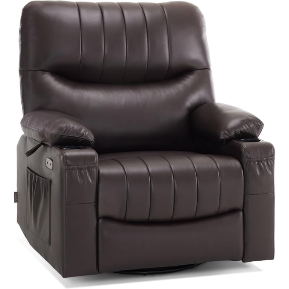 MCombo Power Recliner, Electric Swivel Glider Rocker Recliner Chair for Nursery with Vibration and Heat, USB Ports, Cup Holders and Pockets, Faux Leather 7785