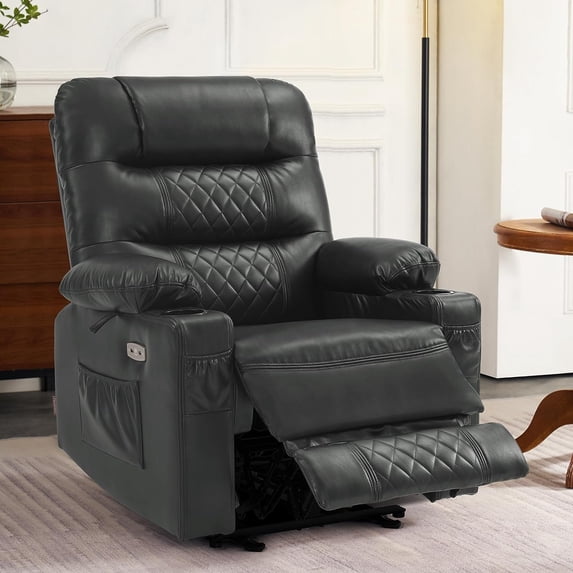 MCombo Power Recliner Faux Leather Living Room Electric Reclining Chair, No Lift, 621 (Dark Grey)