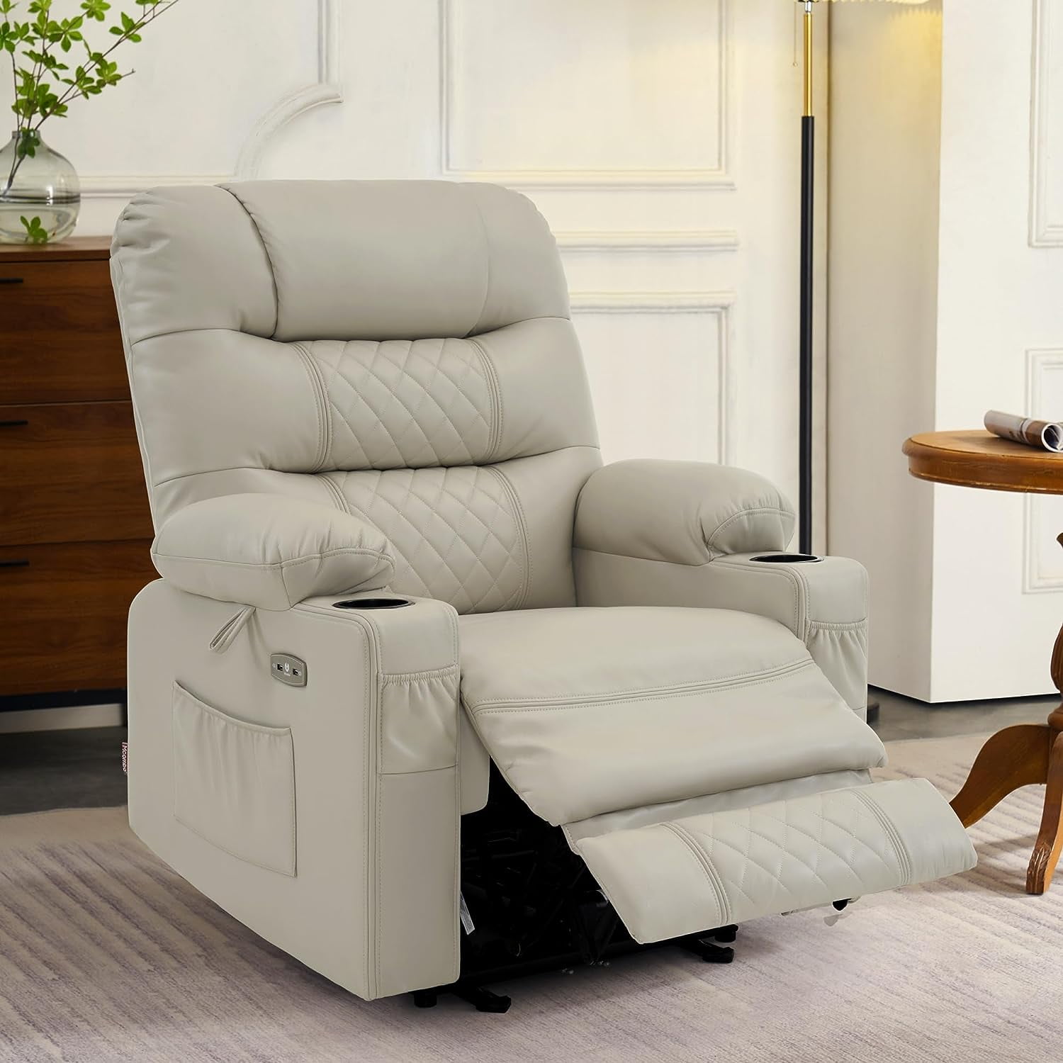MCombo Power Recliner Faux Leather Living Room Electric Reclining Chair, No Lift, 621 (Light Grey)