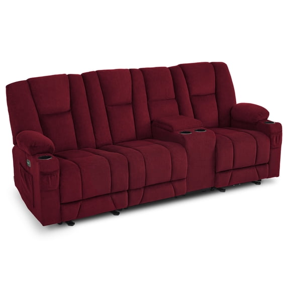 MCombo Power Reclining Sofa w/ Console and Massage USB Ports for Adults Burgundy Fabric 6035