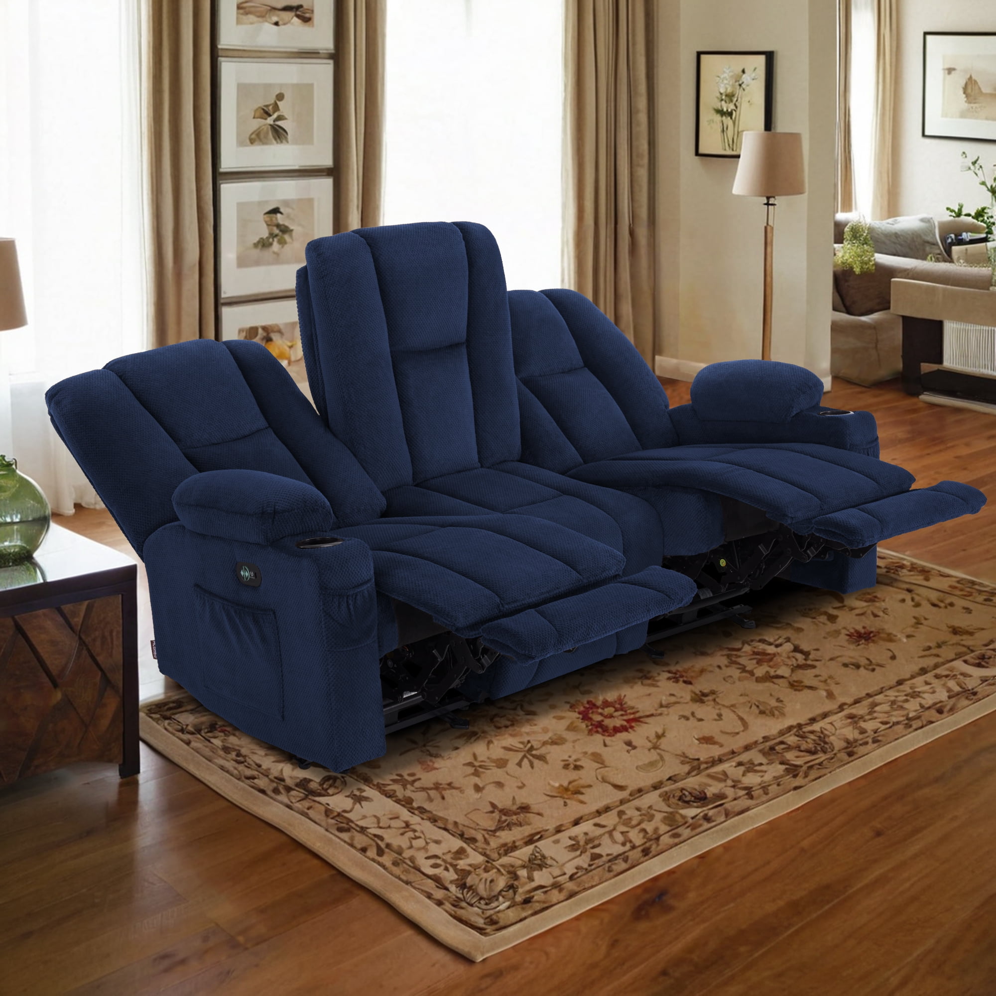 Navy Blue Fabric Power Reclining Sofa with Cup Holder