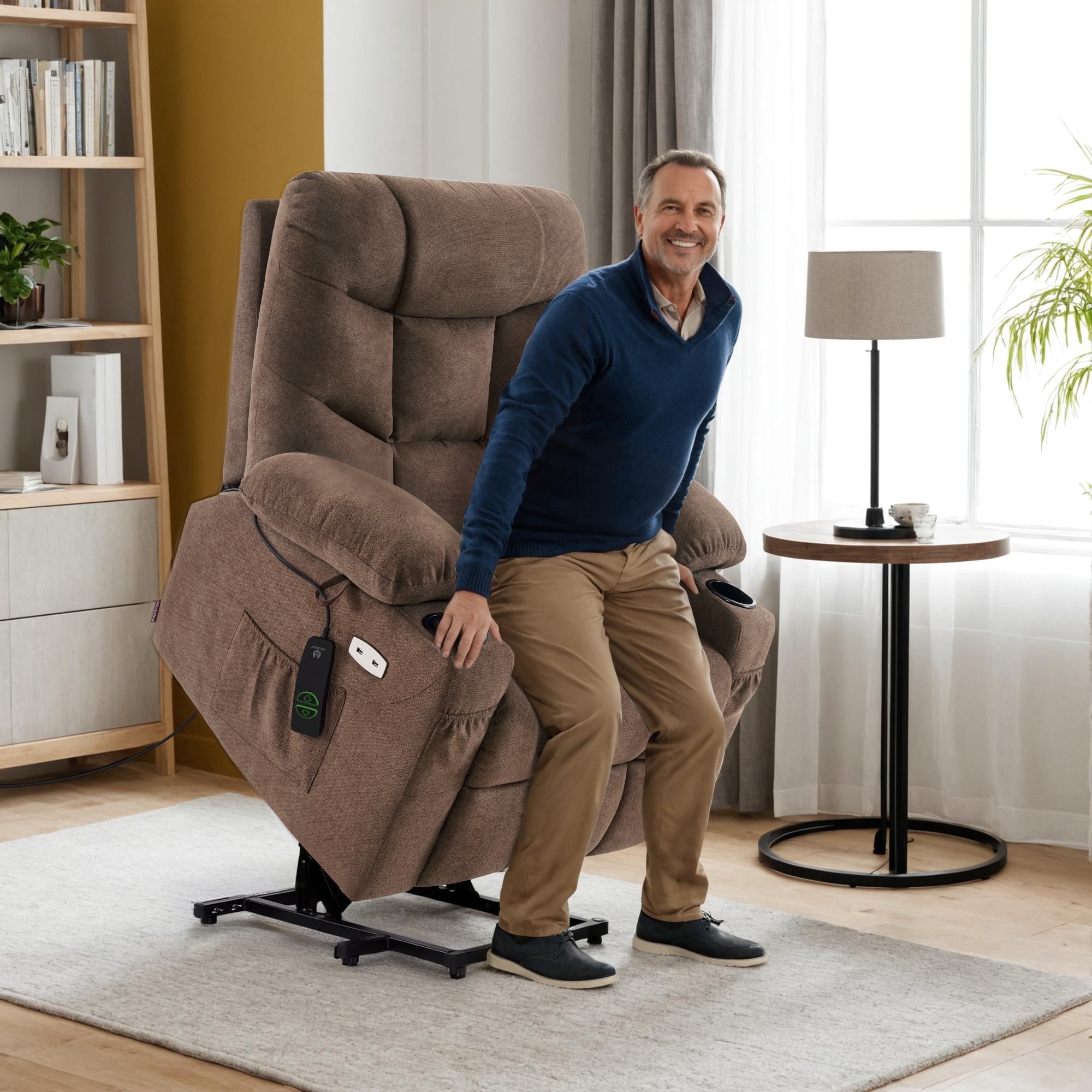 MCombo Regular Power Lift Recliner Chair with Extended Footrest for Elderly People, Fabric 7287 (Brown, Regular)