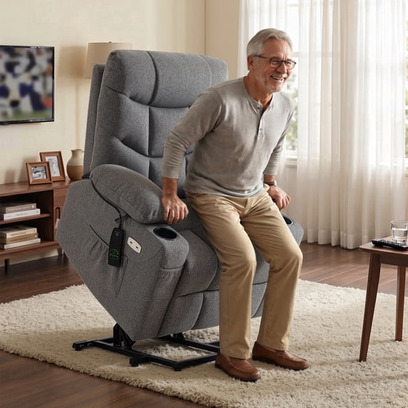 MCombo Regular Power Lift Recliner Chair with Extended Footrest for Elderly People, Fabric 7287 (Dark Gray, Regular)