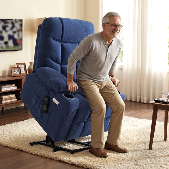 MCombo Regular Power Lift Recliner Chair with Extended Footrest for Elderly People, Fabric 7287 (Navy Blue, Regular)