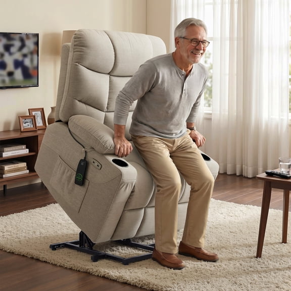 MCombo Regular Power Lift Recliner Chair with Extended Footrest for Elderly People, Fabric 7287 (Oatmeal, Regular)