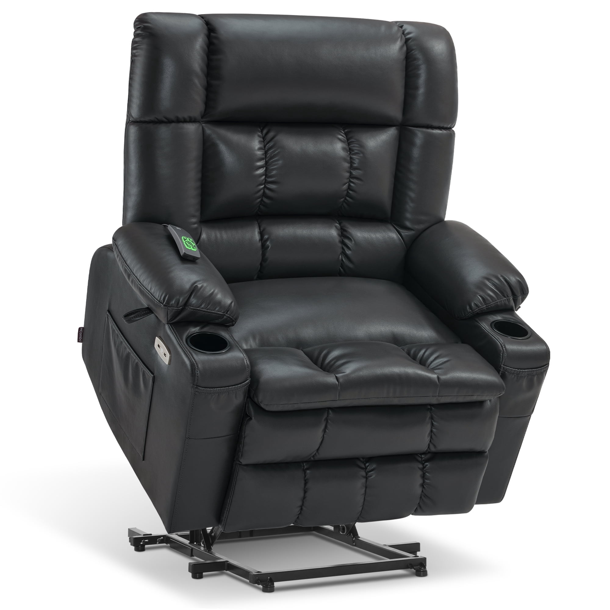 MCombo Small Dual Motor Power Lift Recliner Chair Sofa with Massage and Heat for Elderly People, Infinite Position, USB Ports, Faux Leather R7894 (Black, Small-Wide)