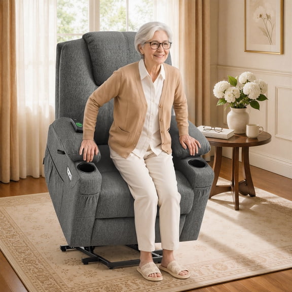 MCombo Small Power Lift Recliner Chair Sofa with Massage and Heat for Elderly, 3 Positions, Cup Holders, and USB Ports, Extended Footrest, Fabric 7141 Dark Grey