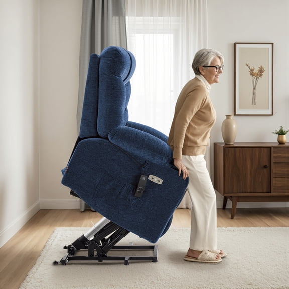 MCombo Small Power Lift Recliner Chair with Extended Footrest for 4'6"-5'2" Elderly People, Fabric, Navy Blue