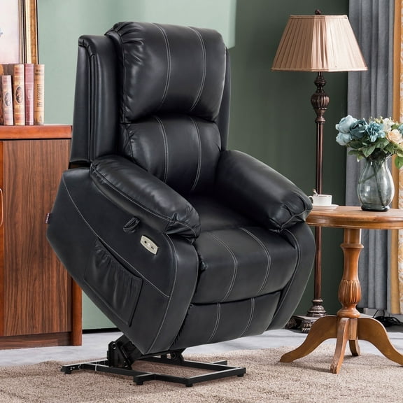 MCombo Small-Regular Power Lift Recliner Chair with Massage and Heat for Petite Elderly People, 3 Positions, 2 Side Pockets, USB Ports, Faux Leather (Black, Small-Regular)
