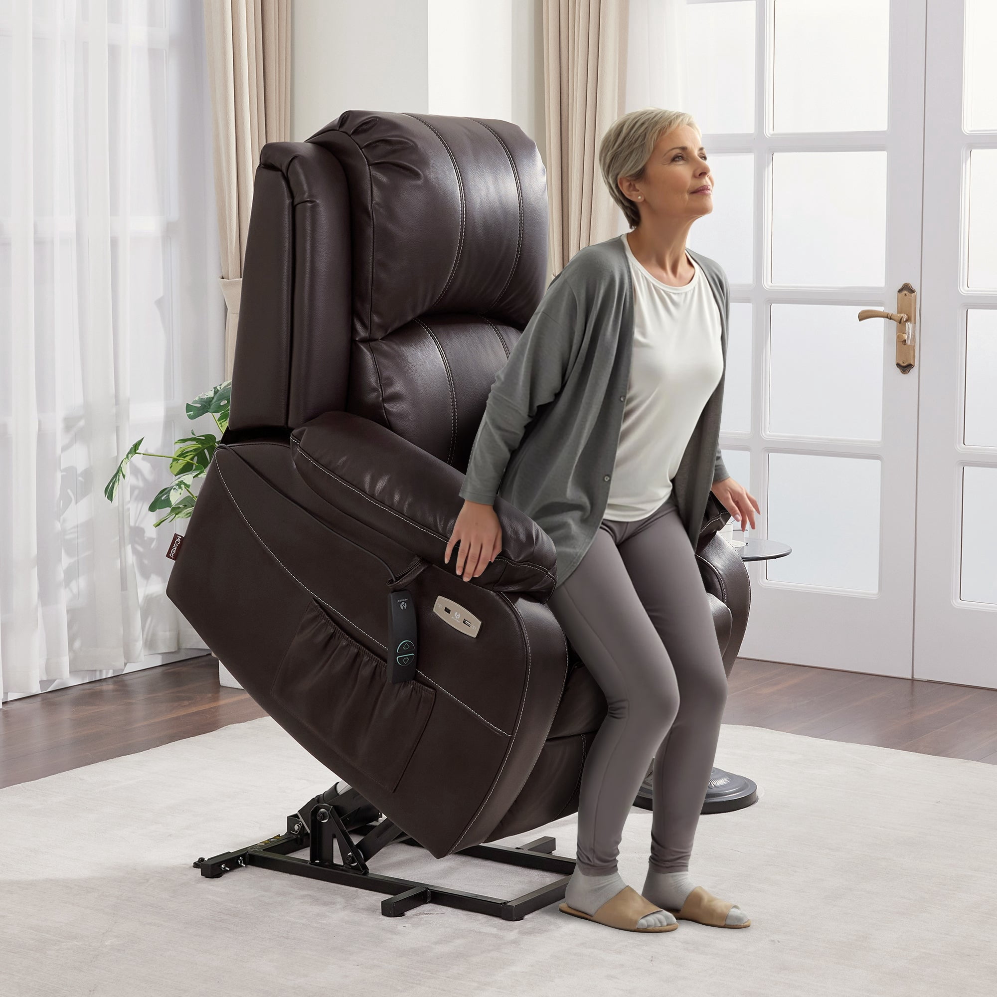 MCombo Small Power Lift Recliner Chair with Vibration Massage and Heat for Petite Elderly People, Faux Leather(Dark Brown, Small-Regular)