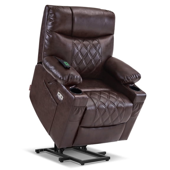 MCombo Small Size Electric Power Lift Recliner Chair Sofa with Massage and Dual Heating, Adjustable Headrest for Elderly People Petite, USB Ports, Extended Footrest, Faux Leather 7111 (Dark Brown)