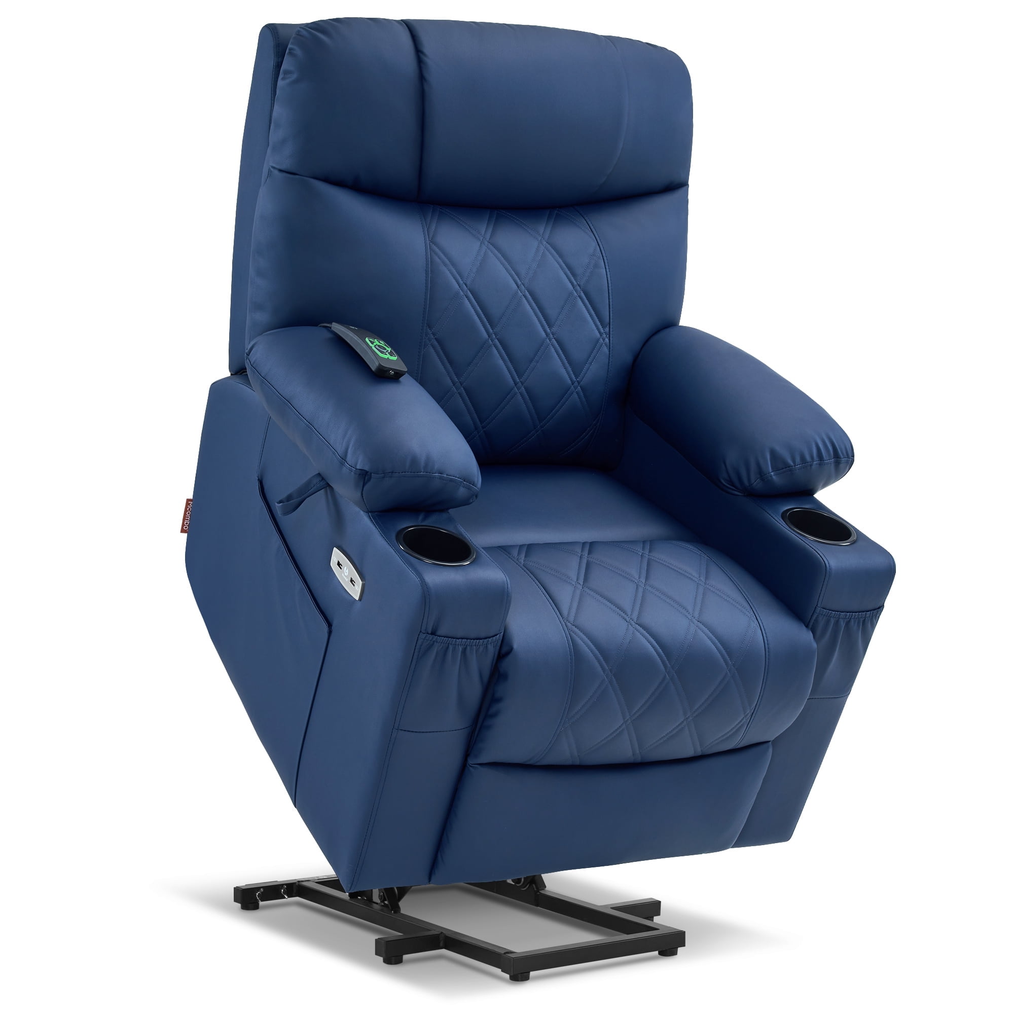 MCombo Small Size Electric Power Lift Recliner Chair Sofa with Massage and Dual Heating, Adjustable Headrest for Elderly People Petite, USB Ports, Extended Footrest, Faux Leather 7111 (Blue, Small)