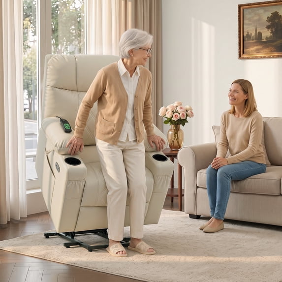 MCombo Small Size Electric Power Lift Recliner Chair Sofa with Massage and Dual Heating, Adjustable Headrest for Elderly People Petite, USB Ports, Extended Footrest, Faux Leather 7111 (Cream White)