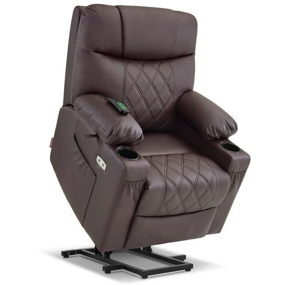 MCombo Small Size Electric Power Lift Recliner Chair Sofa with Massage and Dual Heating, Adjustable Headrest for Elderly People Petite, USB Ports, Extended Footrest, Faux Leather 7111 (Dark Coffee)