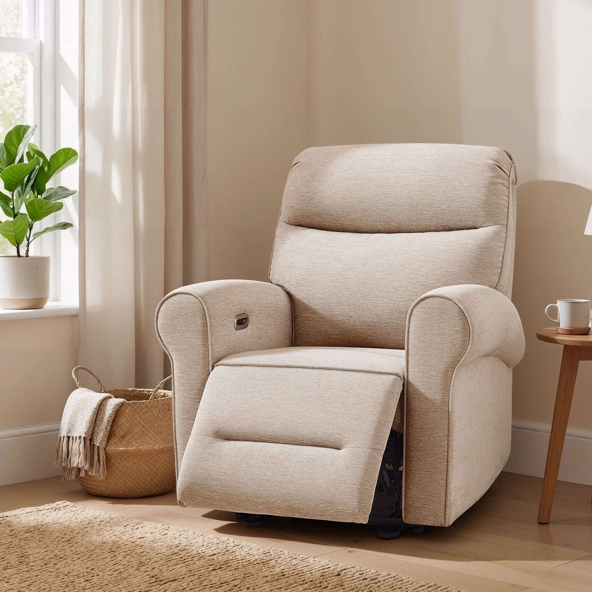 MCombo Small Wall Hugger Power Recliner Chair for Small Space RV Living Room, , Modern Roll Arm Recliner, Fabric, Beige