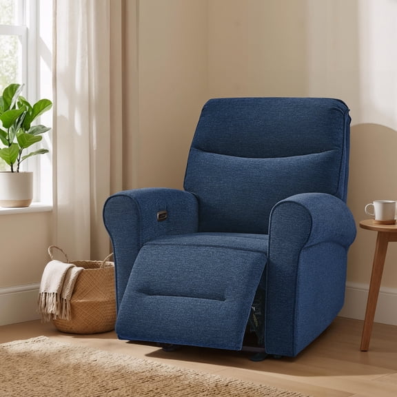 MCombo Small Wall Hugger Power Recliner Chair for Small Space RV Living Room, , Modern Roll Arm Recliner, Fabric, Navy Blue