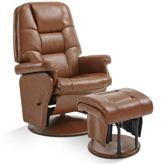 MCombo Swivel Glider Recliner with Ottoman, Adjustable Back, Faux Leather, Brown